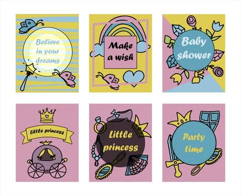 Vector Illustration Hand-Drawn Sketchy Fairy Tale Princess banners Tiara Crown Stock Illustration