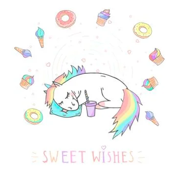 Vector illustration of hand drawn sleeping unicorn with coffee and text - SWE Stock Illustration