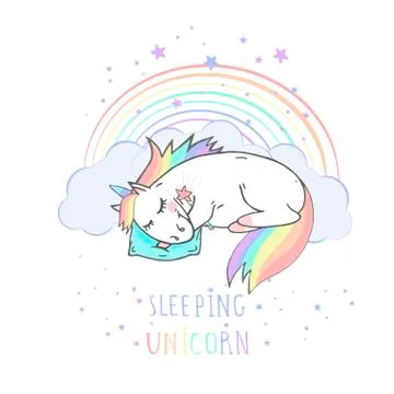 Vector illustration of hand drawn sleeping unicorn with stars  Stock Illustration