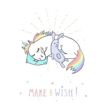 Vector illustration of hand drawn sleeping unicorn with toy rabbit and text   Stock Illustration