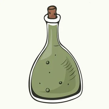 Vector illustration of Hand drawn Small glass bottle with green potion. Stock Illustration