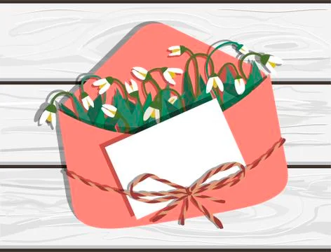 Vector illustration of hand drawn snowdrops in trendy coral envelope with note Stock Illustration