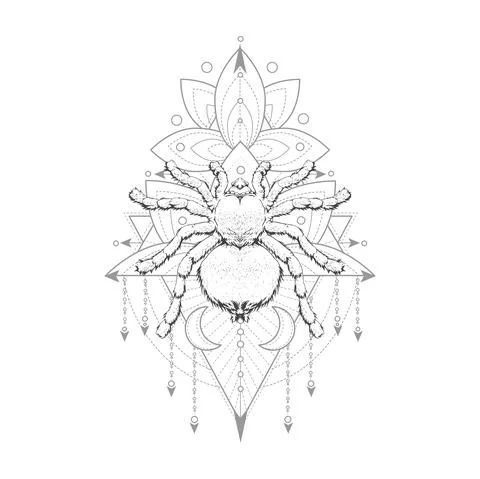Vector illustration with hand drawn spider and Sacred geometric symbol on white  Stock Illustration