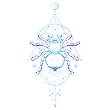 Vector illustration with hand drawn spider and Sacred geometric symbol on white  Stock Illustration