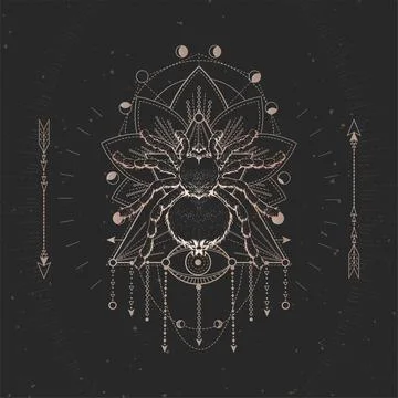 Vector illustration with hand drawn Spider and Sacred geometric symbol on bla Stock Illustration