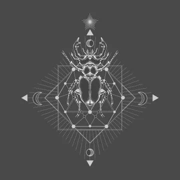 Vector illustration with hand drawn stag beetle and Sacred geometric symbol Stock Illustration