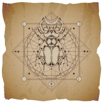 Vector illustration with hand drawn stag beetle and Sacred geometric symbol Illustrazione stock