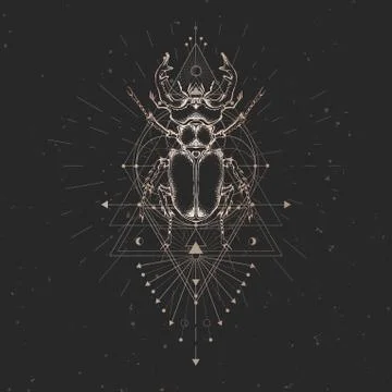 Vector illustration with hand drawn stag beetle and Sacred geometric symbol Stock Illustration