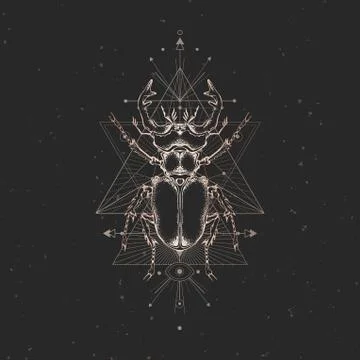 Vector illustration with hand drawn stag beetle and Sacred geometric symbol Stock Illustration