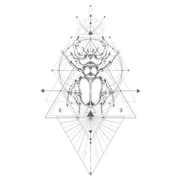 Vector illustration with hand drawn stag beetle and Sacred geometric symbol o Stock Illustration