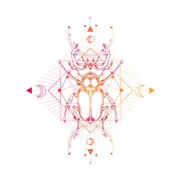Vector illustration with hand drawn stag beetle and Sacred geometric Illustrazione stock