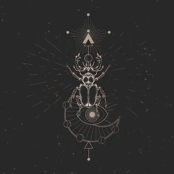 Vector illustration with hand drawn stag beetle and Sacred geometric symbol on b Illustrazione stock