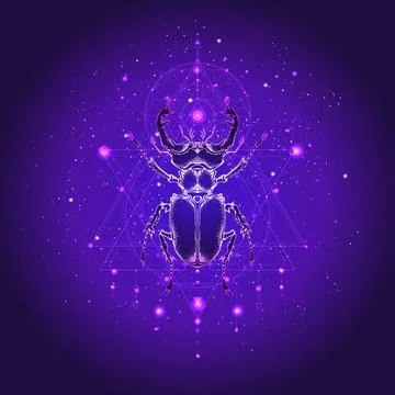 Vector illustration with hand drawn stag beetle and Sacred geometric symbol. Illustrazione stock