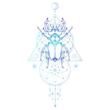 Vector illustration with hand drawn stag beetle and Sacred geometric symbol on w Stock Illustration