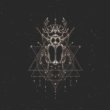 Vector illustration with hand drawn stag beetle and Sacred geometric symbol on b Stock Illustration
