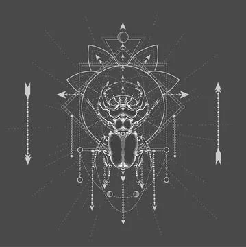 Vector illustration with hand drawn Stag Beetle and Sacred symbol on black ba Stock Illustration