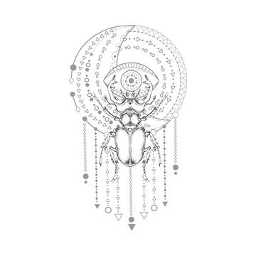 Vector illustration with hand drawn stag beetle and Sacred geometric symbol on w Stock Illustration