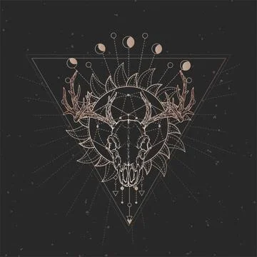 Vector illustration with hand drawn Stag skull and Sacred geometric symbol .. Stock Illustration