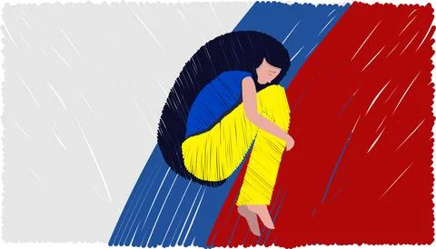 Vector illustration, hand drawn with strokes. Silhouette of a lonely girl hug Stock Illustration