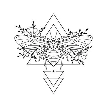 Vector illustration with hand drawn stylized bee, florals and sacred geometri Stock Illustration