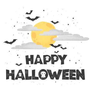 Vector illustration with hand drawn textured moon, clouds, bats and lettering Stock Illustration