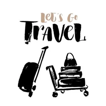 Vector illustration. Hand drawn trolley with suitcases and hand written Stock Illustration