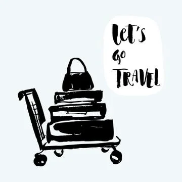 Vector illustration. Hand drawn trolley with suitcases and hand written Stock Illustration