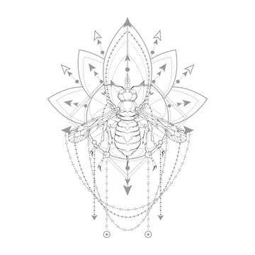 Vector illustration with hand drawn wasp and Sacred symbol on white background.  Illustrazione stock