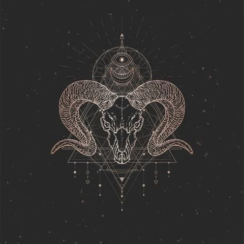 Vector illustration with hand drawn Wild ram skull and Sacred geometric symbo Stock Illustration