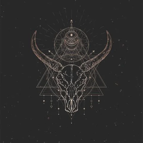 Vector illustration with hand drawn Wild buffalo skull and Sacred geometric s Stock Illustration