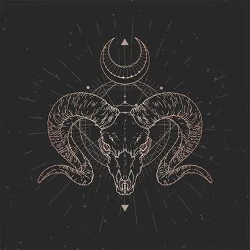 Vector illustration with hand drawn Wild ram skull and Sacred geometric symbo Stock Illustration