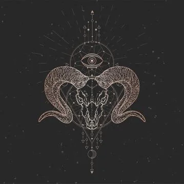 Vector illustration with hand drawn Wild ram skull and Sacred geometric symbo Stock Illustration