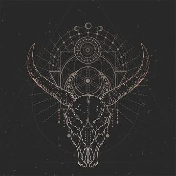 Vector illustration with hand drawn Wild buffalo skull and Sacred geometric s Stock Illustration