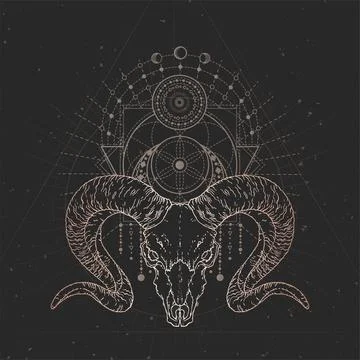 Vector illustration with hand drawn Wild ram skull and Sacred geometric symbo Stock Illustration