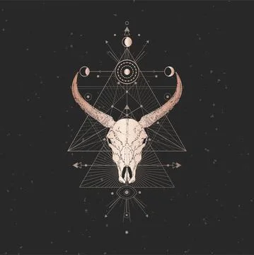 Vector illustration with hand drawn Wild buffalo skull and Sacred geometric s Stock Illustration