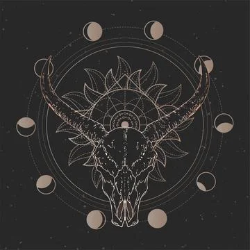 Vector illustration with hand drawn Wild buffalo skull and Sacred geometric s Stock Illustration
