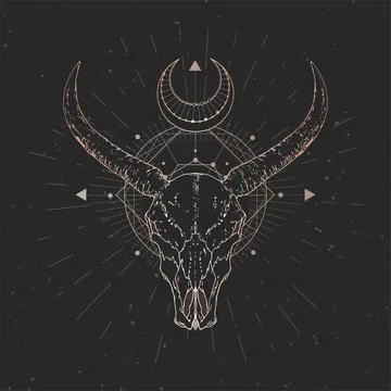 Vector illustration with hand drawn Wild buffalo skull and Sacred geometric s Stock Illustration