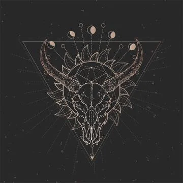 Vector illustration with hand drawn Wild buffalo skull and Sacred geometric.. Stock Illustration