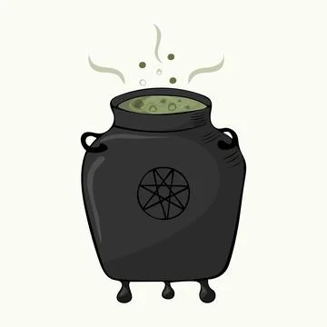 Vector illustration of a hand drawn witch s cauldron with a green potion and Stock Illustration