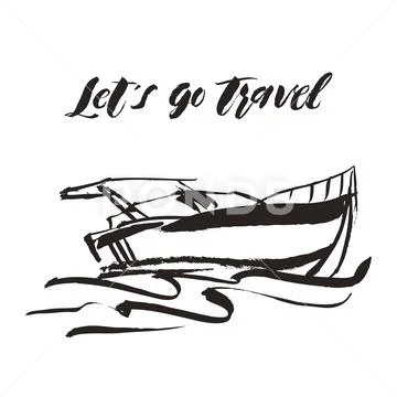 Vector illustration. Hand drawn yacht, powerboat and hand written lettering Lets Stock Illustration
