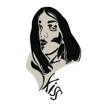 Vector illustration of hand drawn young girl with kiss lettering. Stock Illustration