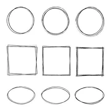 Vector illustration of hand drawning circle, oval, square line sketch set i.. Stock Illustration