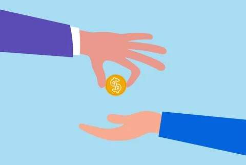 Vector illustration of a hand giving a gold coin to another hand Illustrazione stock