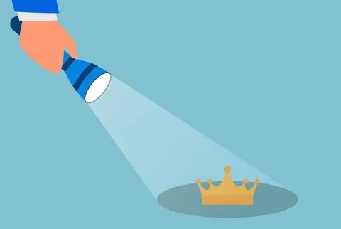 Vector illustration of a hand holding a flashlight shining over a crown Ilustração Stock