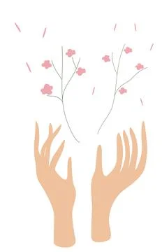 Vector illustration of a hand holding a flower. Seedlings grow in the hands o Stock Illustration