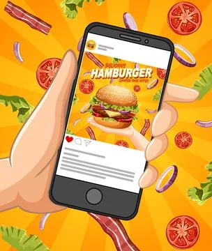 Vector illustration of a hand holding a phone showing a burger ad with flying Stock Illustration