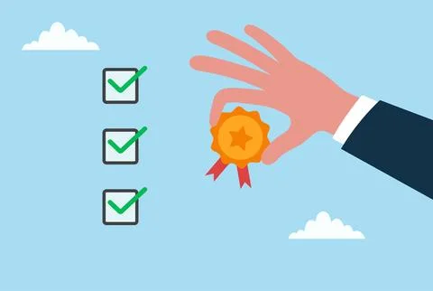 Vector illustration of a hand holding a quality badge beside completed checkbox Illustrazione stock