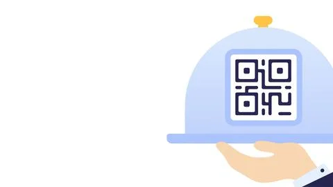 Vector illustration of a hand holding a serving tray cloche with a QR code .. Stock Illustration