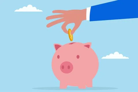 Vector illustration of a hand inserting a coin into a pink piggy bank Stock Illustration