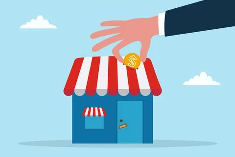 Vector illustration of a hand placing a coin into a small shop Stock Illustration